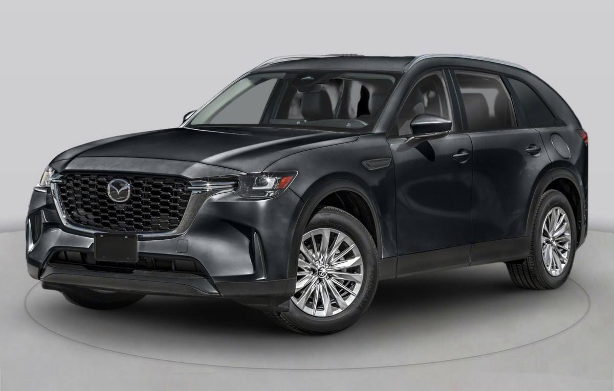 2026款马自达CX-90三排座SUV，深灰色车身，直六涡轮旗舰车型